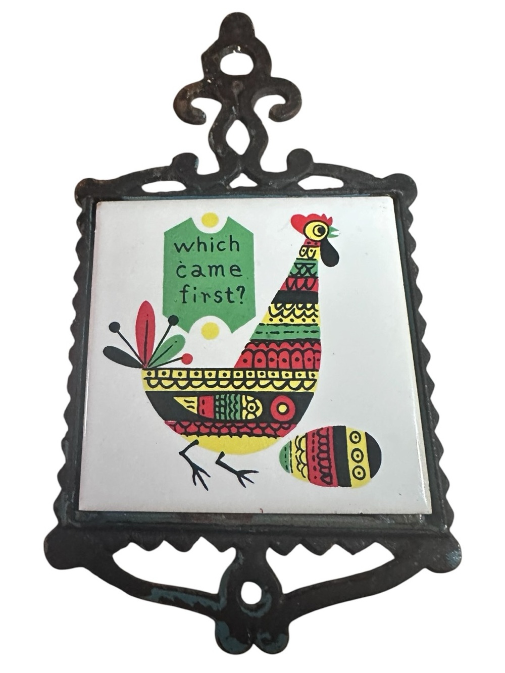 MCM Seven Star Rooster Ceramic Tile Cast Iron Trivet Which Came First Folk Art